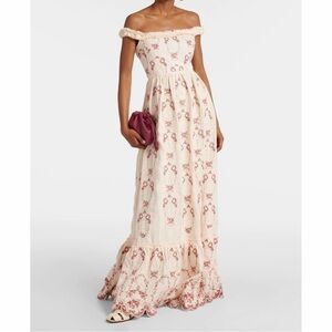 Agua Bendita Achiote Florero Maxi Dress Beige Pink Floral Embroidered Linen L
